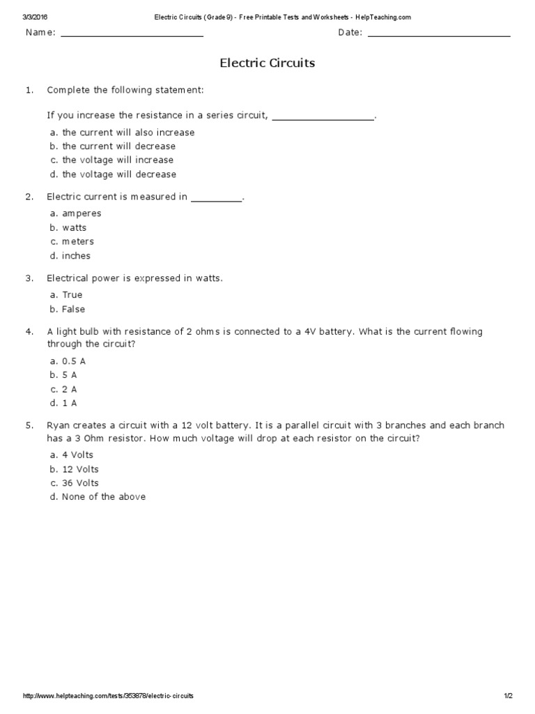 electric circuits grade 9 free printable tests and