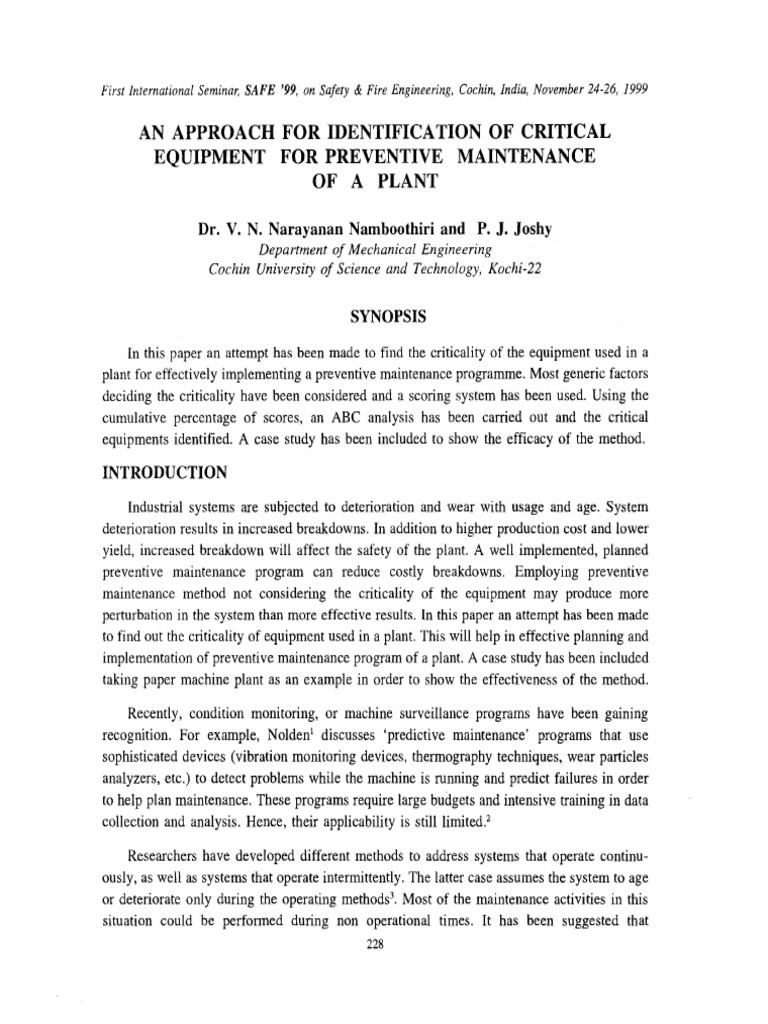 An Approach For Identification of Critical Equipment For Preventive ...
