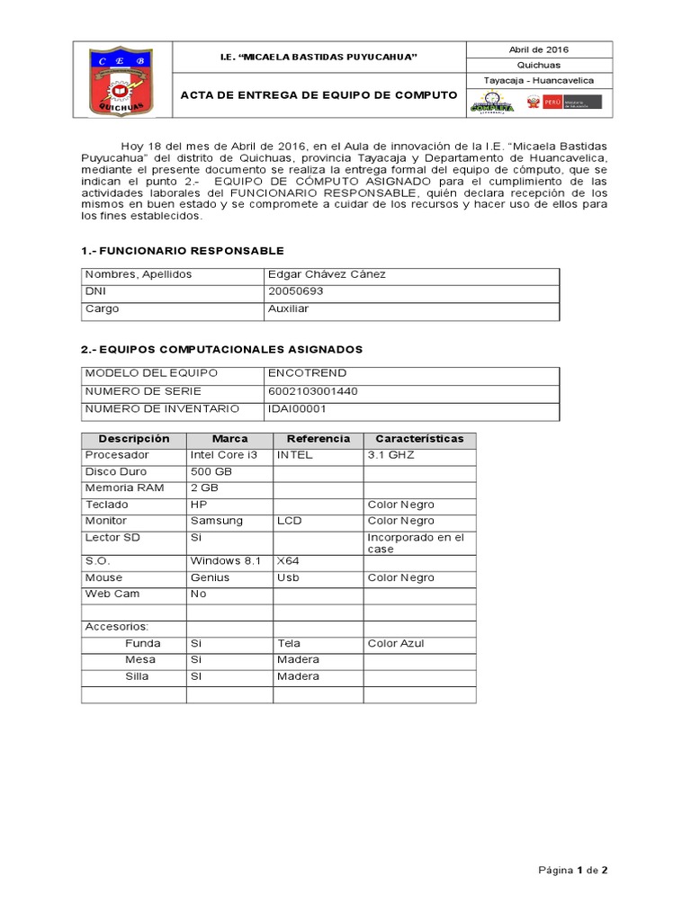 Acta de Entrega de Equipo de Cómputo | PDF