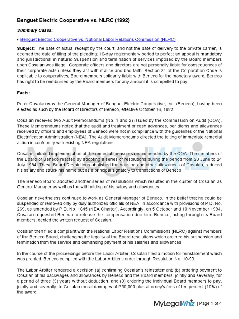 Benguet Electric Cooperative Vs National Labor Relations Commission ...
