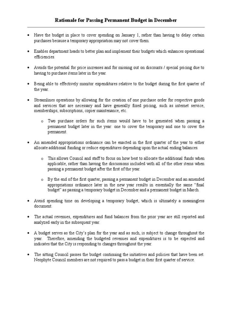 December Permanent Budget Rationale | PDF | Appropriations Bill (United ...