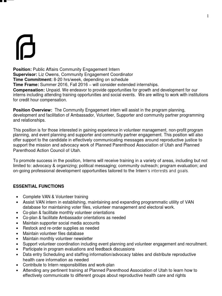 Community Engagement Intern at Planned Parenthood | PDF | Internship ...