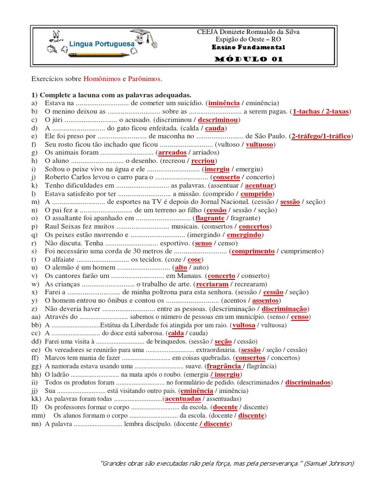 PARÔNIMOS Exercício 01 Gabarito | PDF