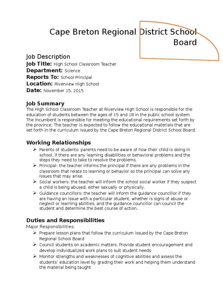 High School Teacher Job Description PDF Child Abuse Teachers
