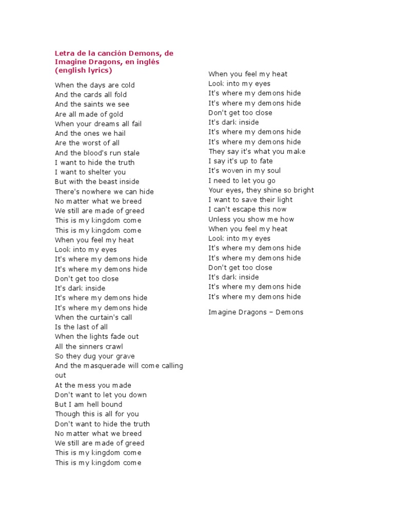 Letra De La Cancion Demons Pdf Recorded Music Leisure