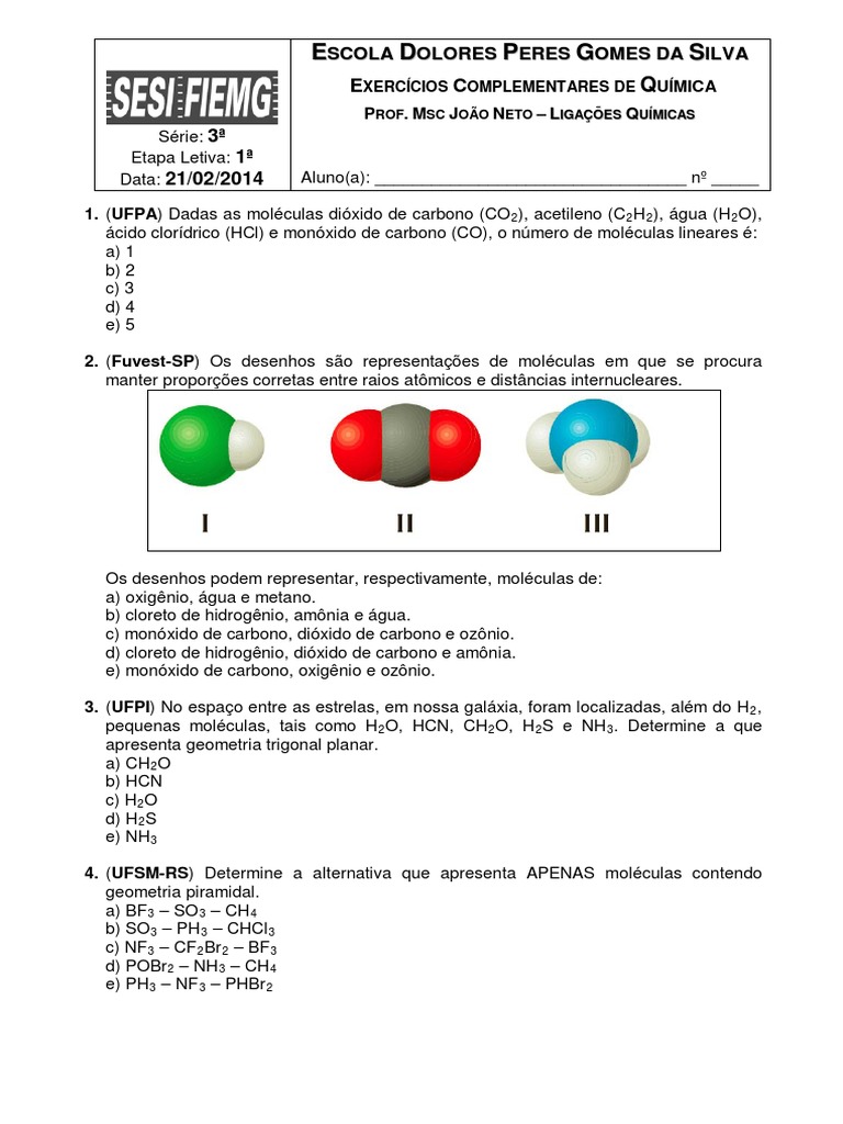 Ligações Químicas 3o.ano Exercícios.sesi | Polaridade Química | Ligação ...