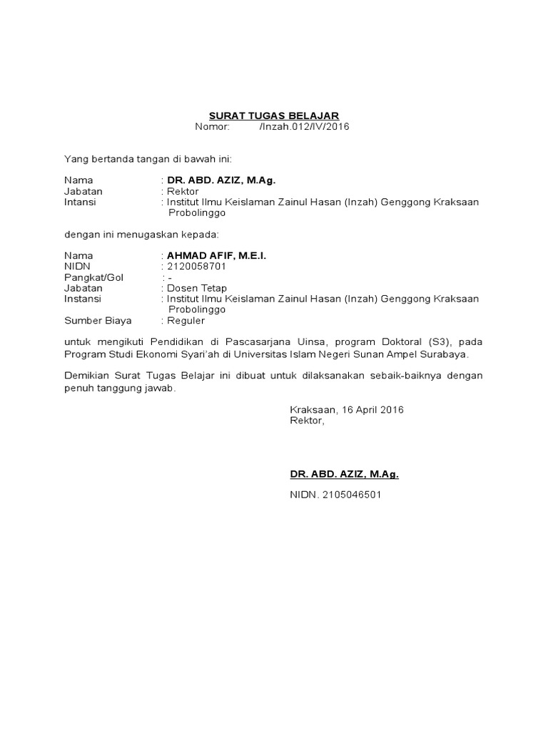 Contoh Surat Pengecualian Tugas