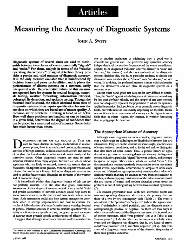 Diagnostic Systems Accuracy Measurement | PDF | Receiver Operating ...