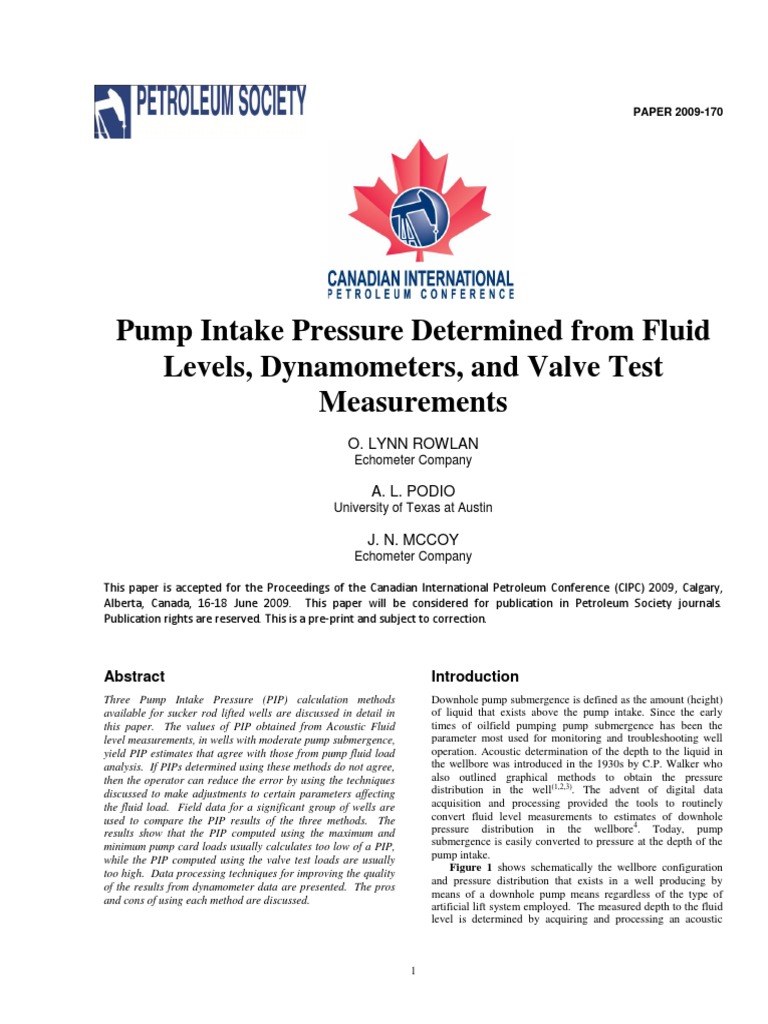 Pump Intake Pressure Determined From Fluid Levels Dynamometers and