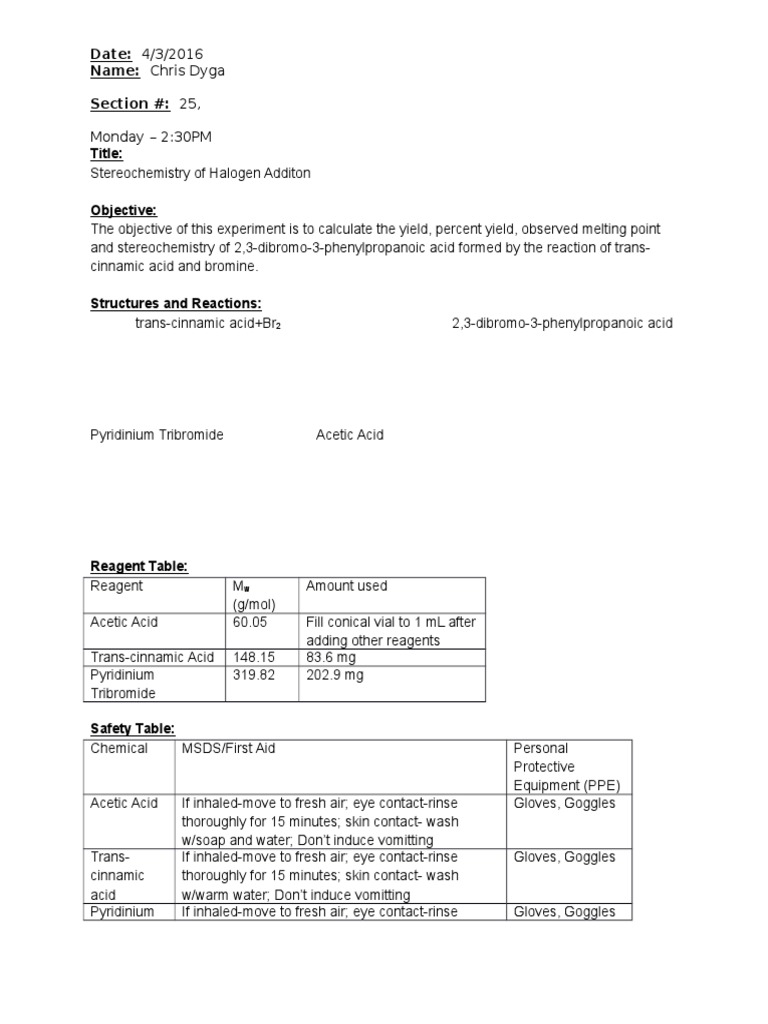 Mcmp 204 Lab 8 Stereochemistry Of Halogens Lab Report
