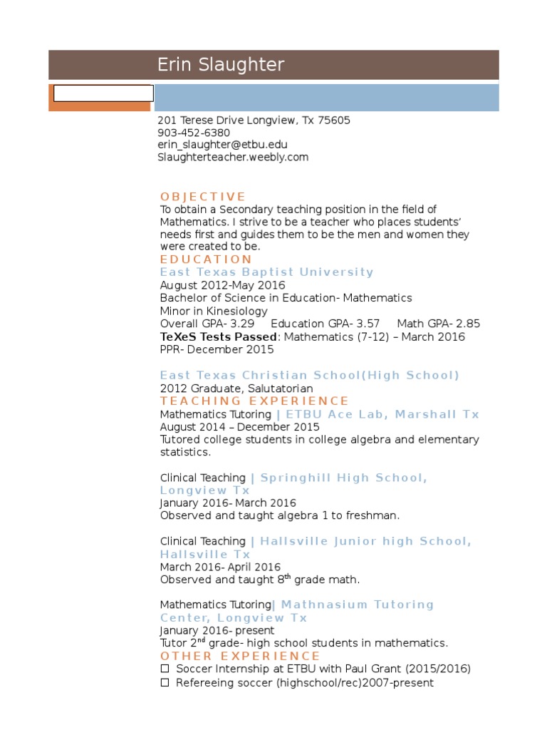 Mathematics Teacher Resume - Erin Slaughter | PDF | Language Arts ...