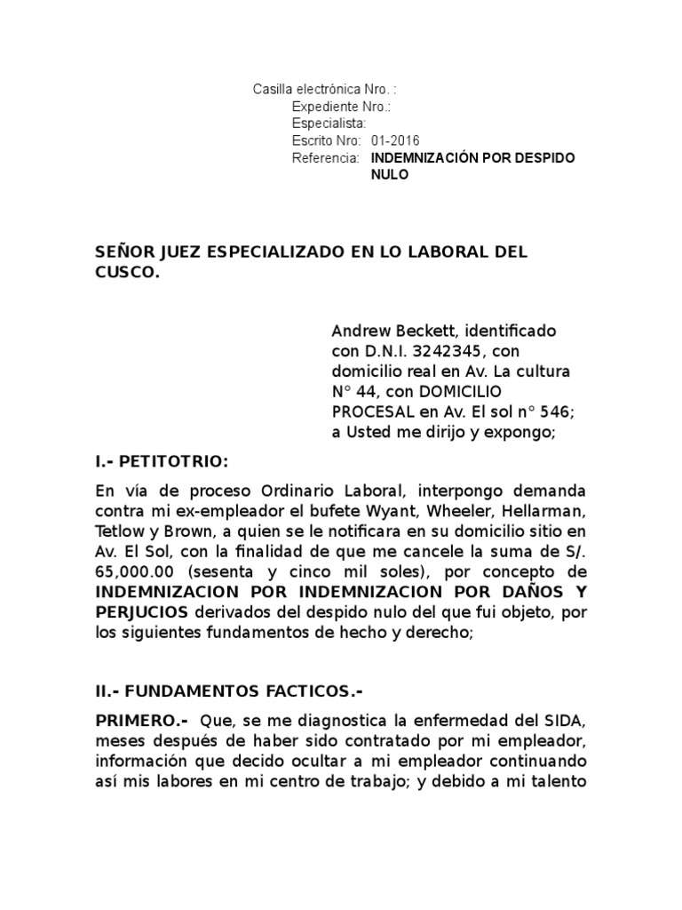 Modelo de demanda laboral  Discriminación  Derecho laboral  Prueba