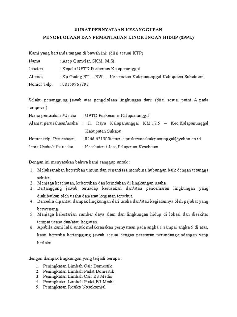 Contoh Dokumen SPPL Puskesmas | PDF