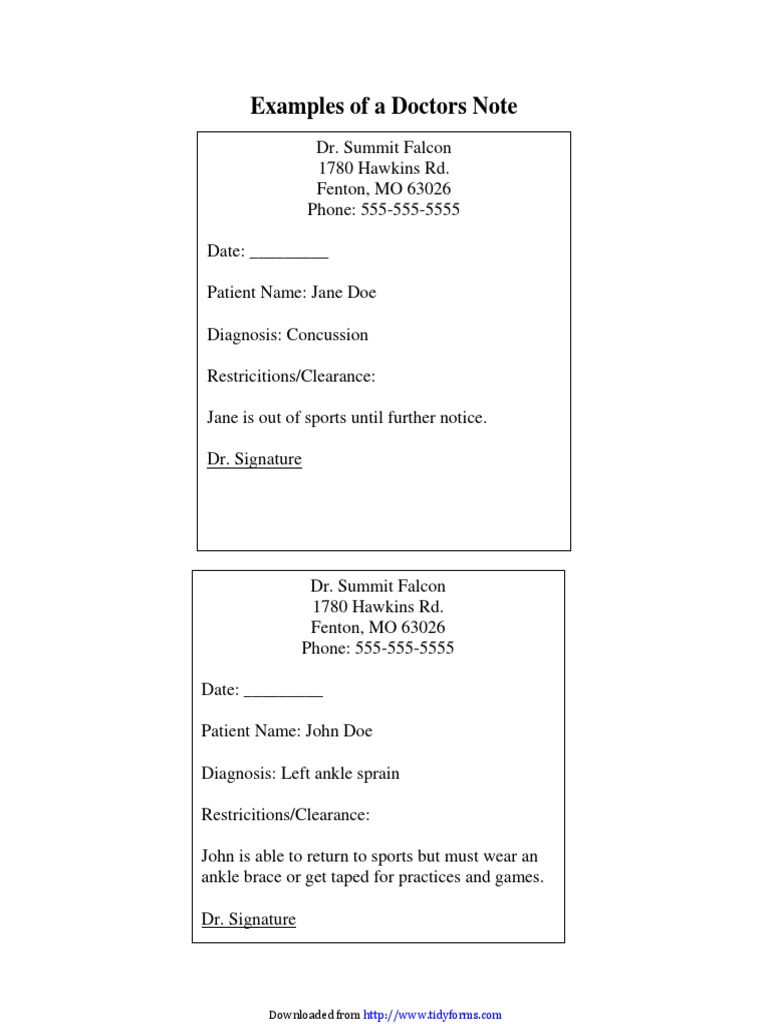 Doctors Note Examples for Sports Injuries | PDF