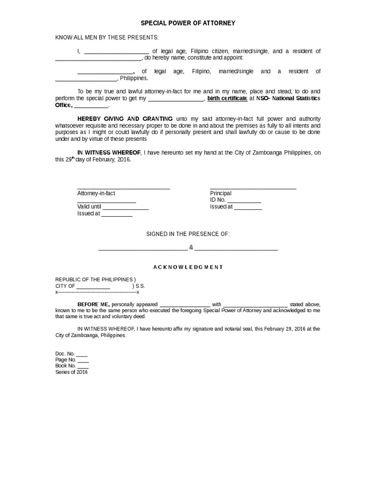 Special Power of Attorney NSO Format
