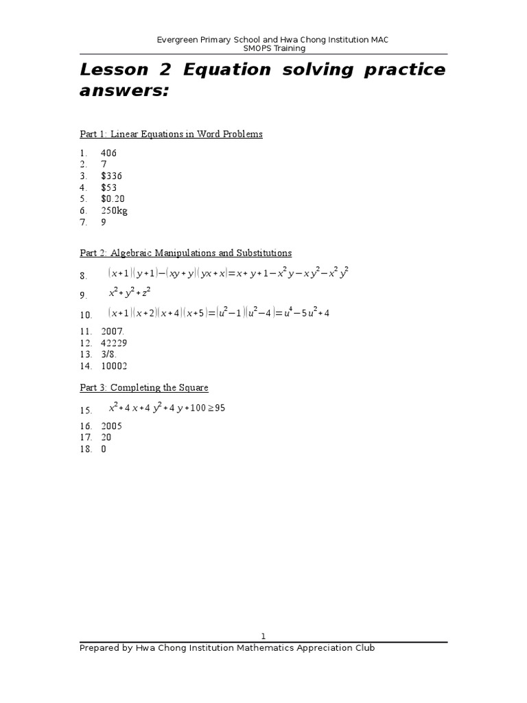 Lesson 2 Equation Solving Practice Answers | PDF | Teaching Methods ...