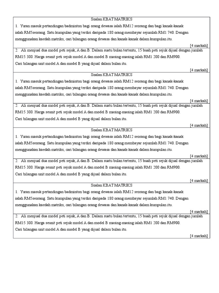 Soalan KBAT Penyelesaian Persamaan Dgn Kaedah Matriks