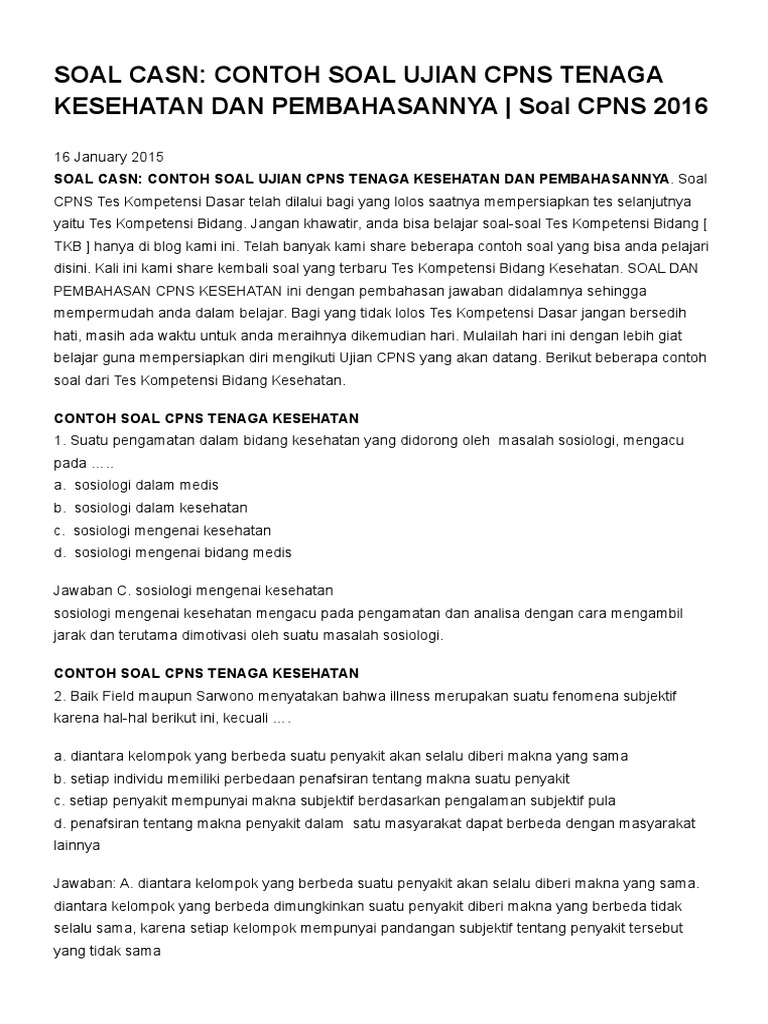 Soal Casn Contoh Soal Ujian Cpns Tenaga Kesehatan Dan
