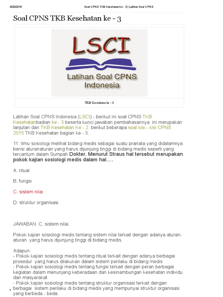 Soal Cpns Tkb Kesehatan Ke 3 Latihan Soal Cpns
