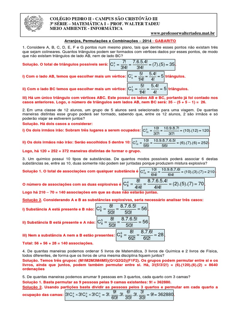 Exercícios Resolvidos: Arranjos e Combinações | PDF | Permutação ...