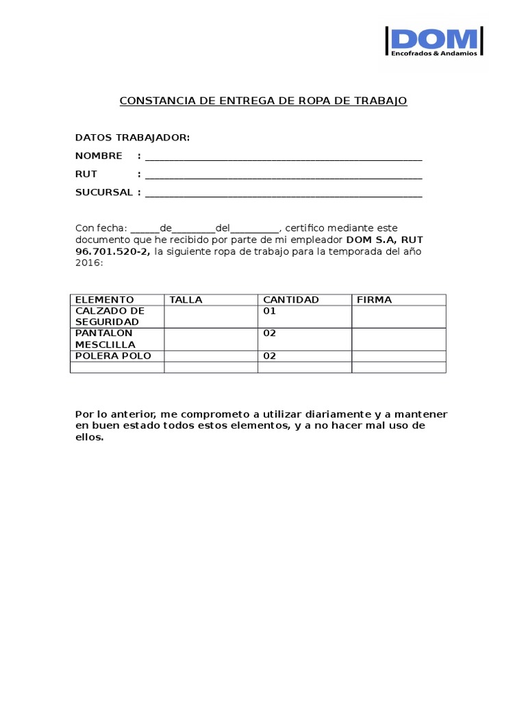 Constancia de Entrega de Ropa de Trabajo  PDF  Ropa  Business