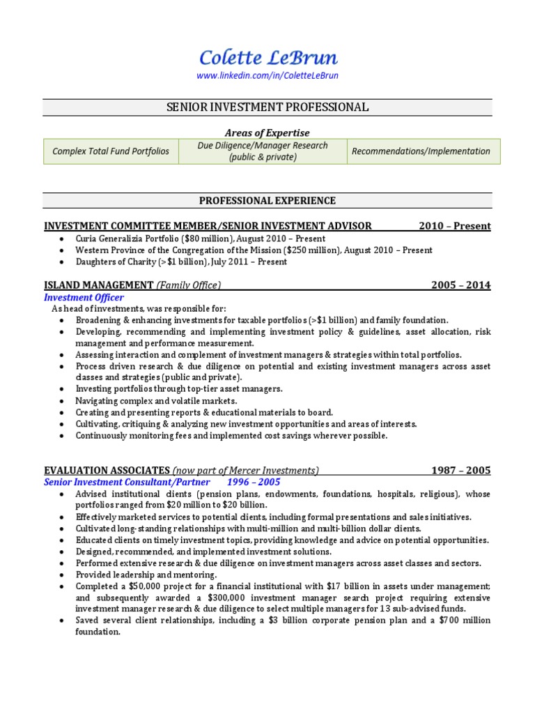 SVP Director Investments in CT CA Resume Colette LeBrun PDF