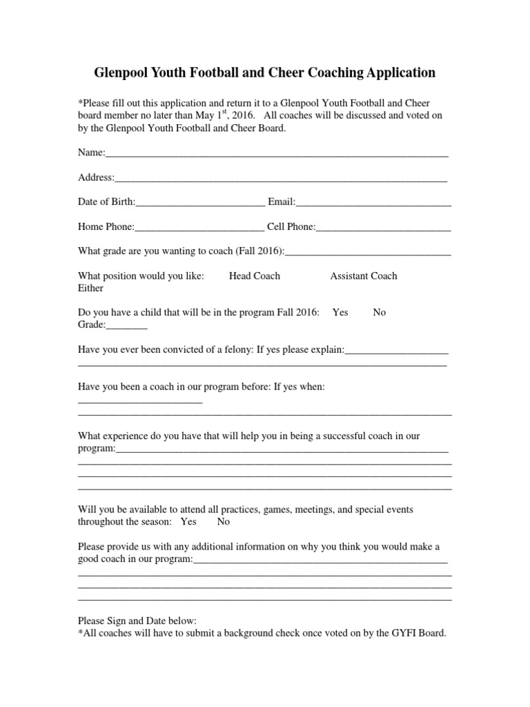 Glenpool Youth Football Coach Application | PDF