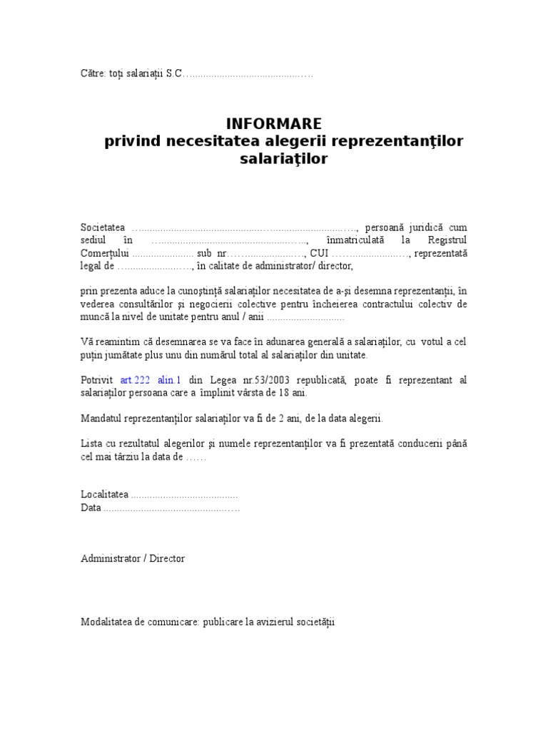 Informare de Catre Angajator Despre Necesitatea Alegerii Repr ...
