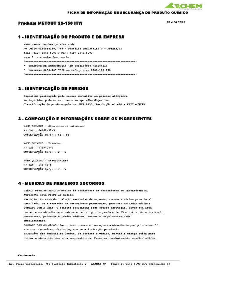 Ficha de Segurança do METCUT SS-150 | PDF | Embalagem e rotulagem ...