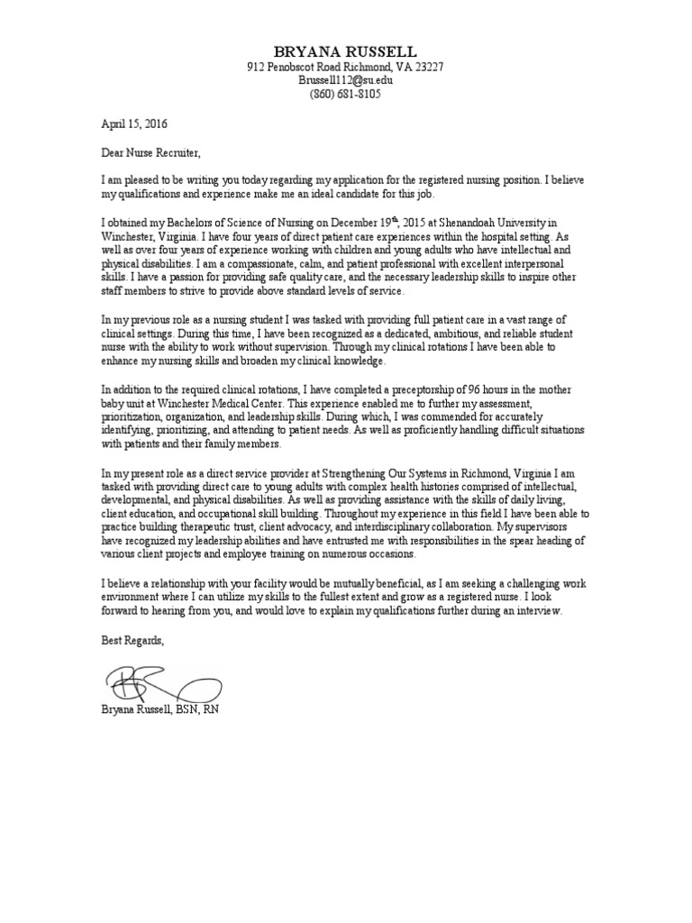 bryana russell cover letter Nursing Leadership