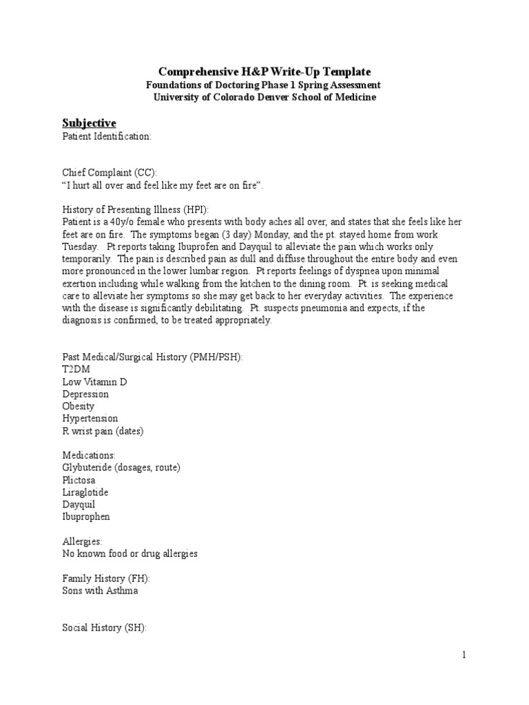 Comprehensive H&P Note Template for Phase 1 Spring Assessment 2016