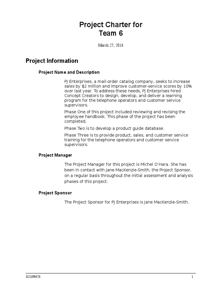 PJ Enterprises Project Charter Overview | PDF | Expert | Turnover ...