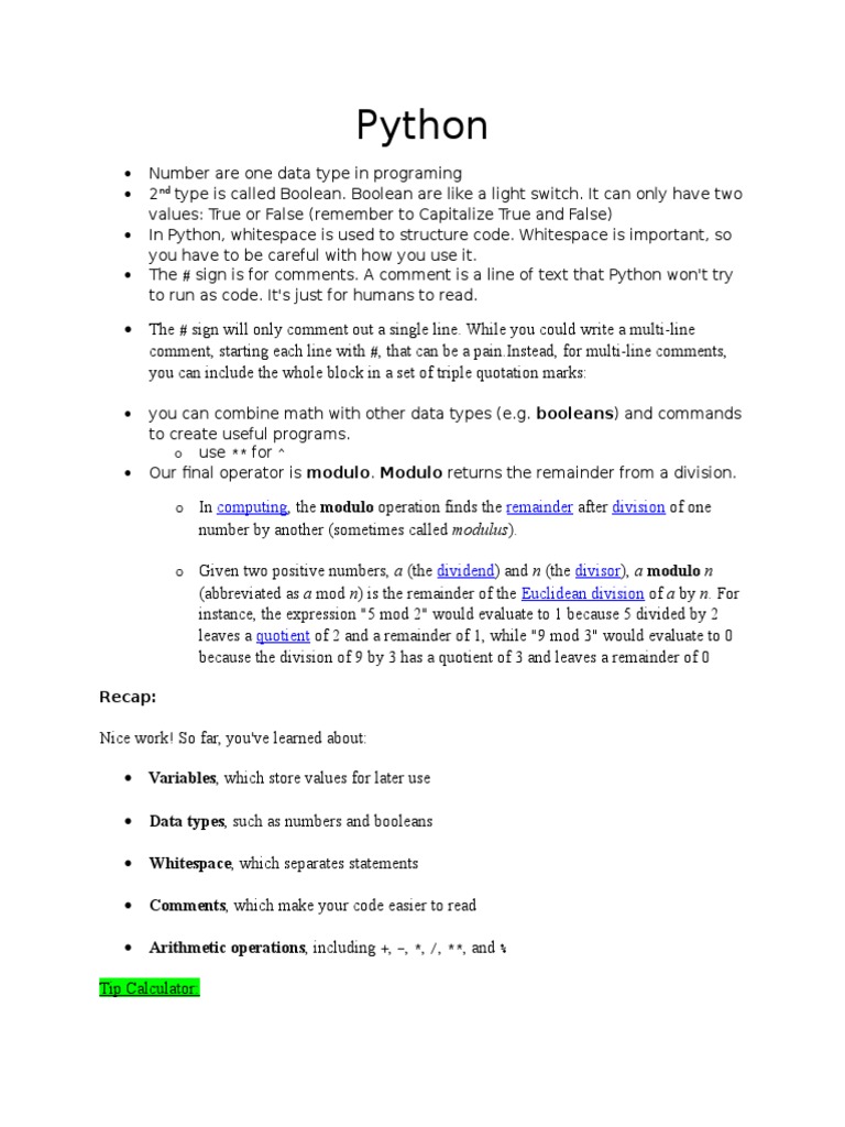Python (notes, ch. 1-7) | Division (Mathematics) | Subroutine | Free 30 ...