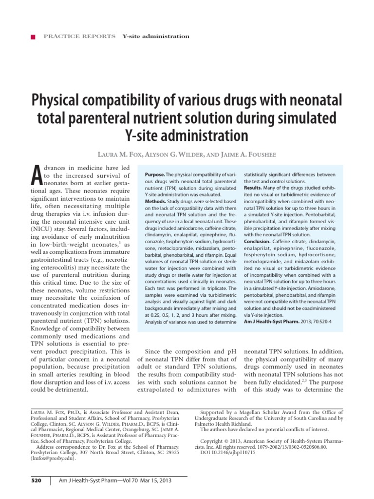 Physical Compatibility of Various Drugs With Neonatal Total Parenteral ...