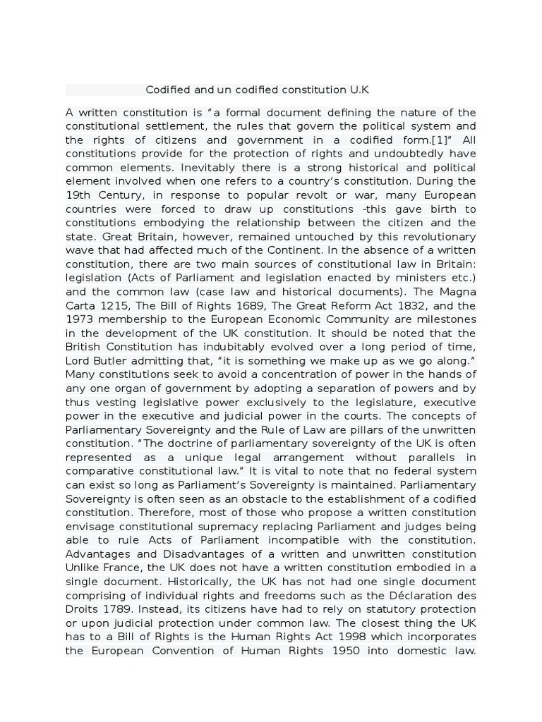 Codified vs Uncodified Constitution UK | PDF | Constitution | United ...