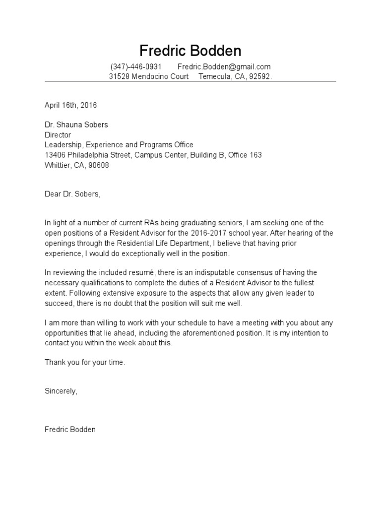 Resident Advisor Application Letter | PDF