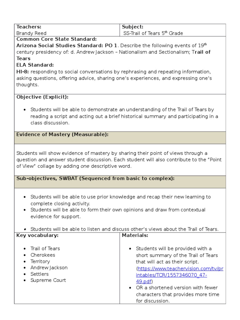 Trail Of Tears Lesson Plan Day 4 3 Trail Of Tears Conversation