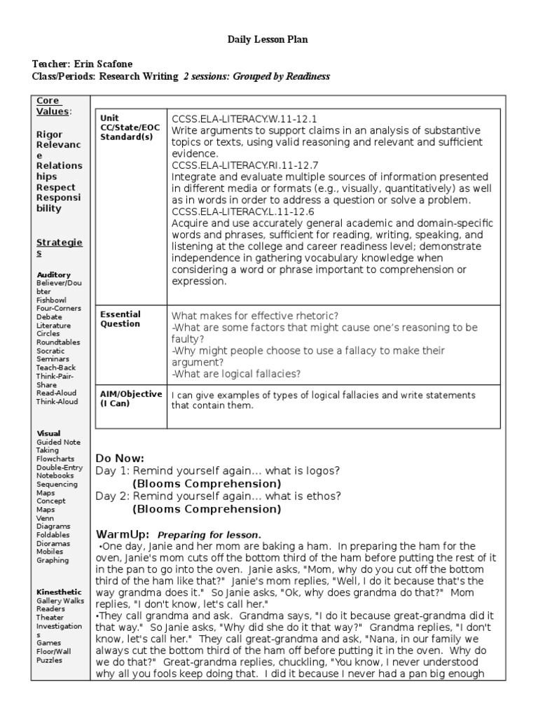 Daily Lesson Plan Fallacies Fallacy Argument