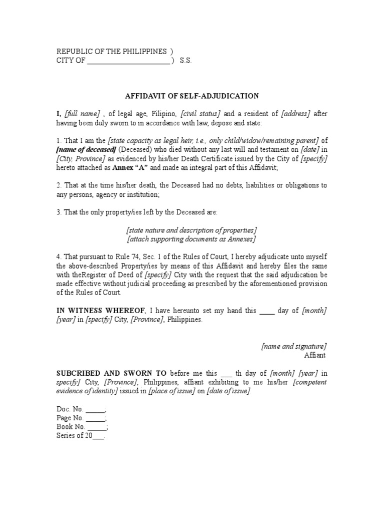 Sample Affidavit of SelfAdjudication by Sole Heir PDF Affidavit