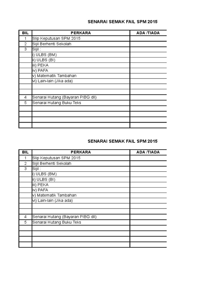 Senarai Semak Fail Spm 2015