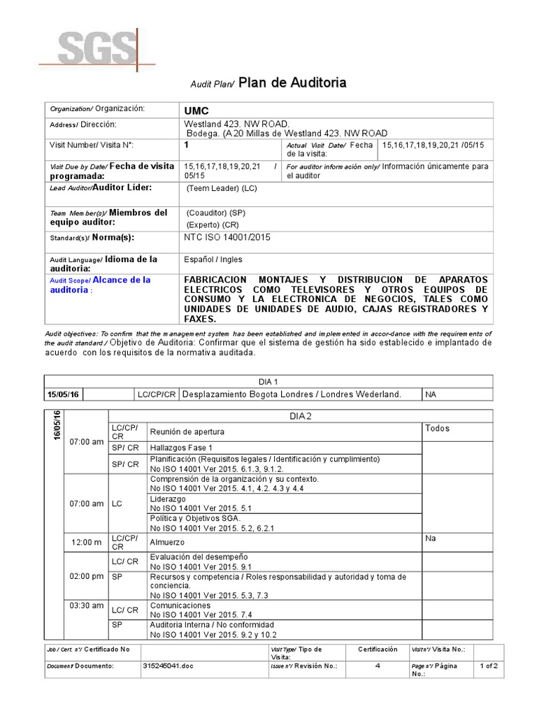 Plan de Auditoría ISO 14001:2015 | PDF | Referencia | Etica Aplicada