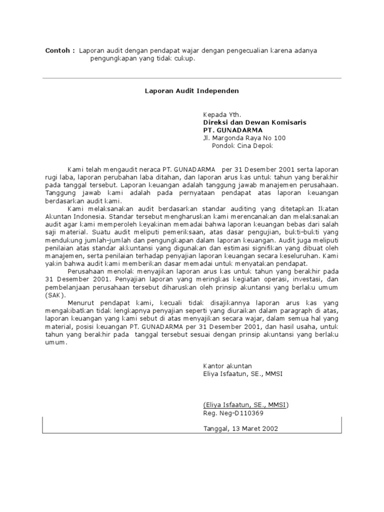 Contoh Laporan Auditor Independen Tidak Memberikan Pendapat Seputar Laporan