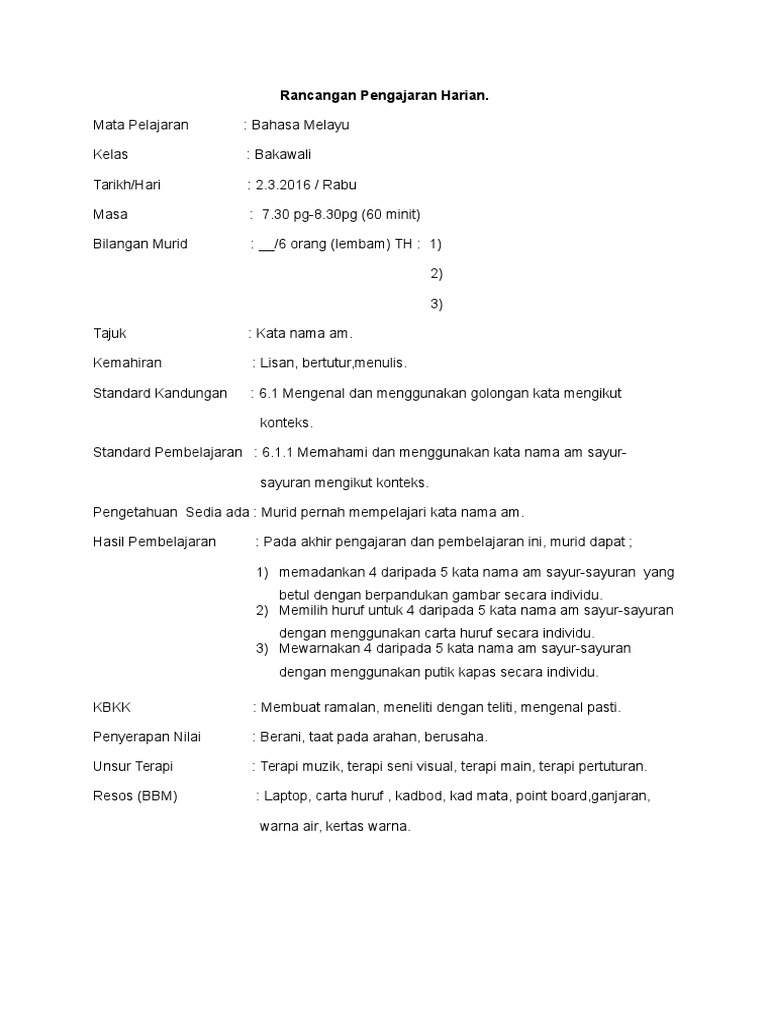 Rancangan Pengajaran Harian Sayur Sayuran Pdf