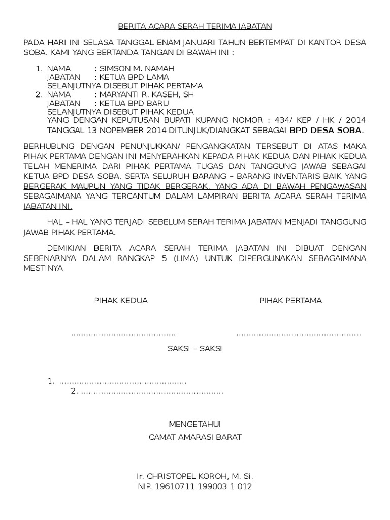 16 Contoh Berita Acara Serah Terima Jabatan Camat