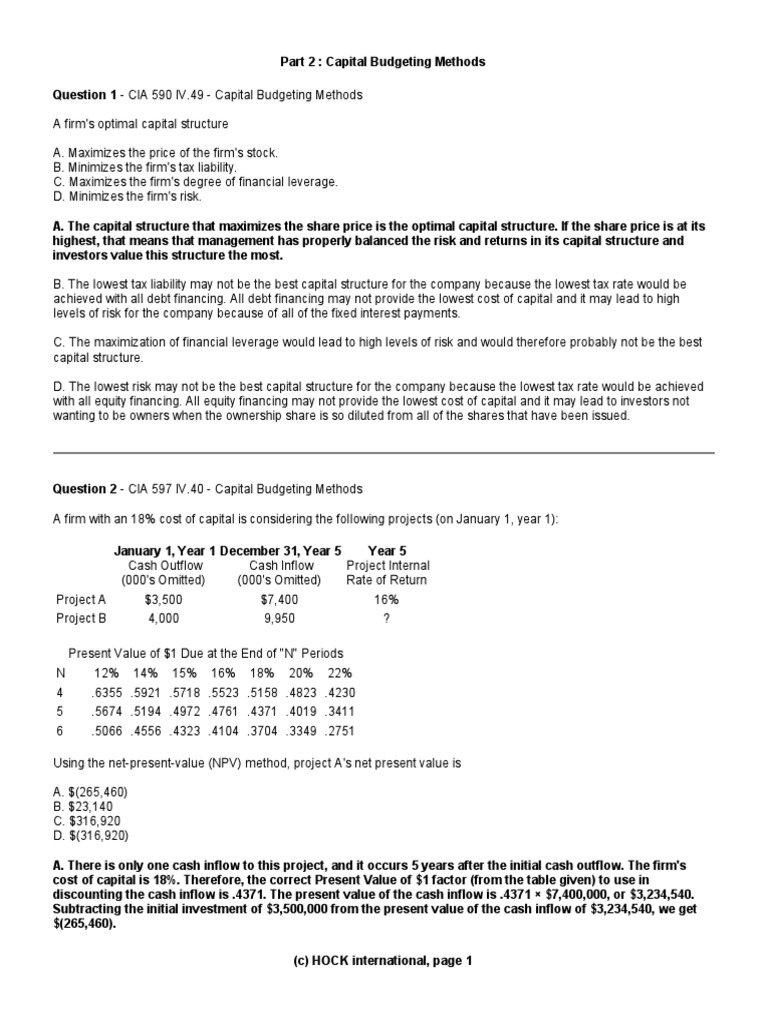 Capital Budgeting Methods Explained | PDF | Internal Rate Of Return ...