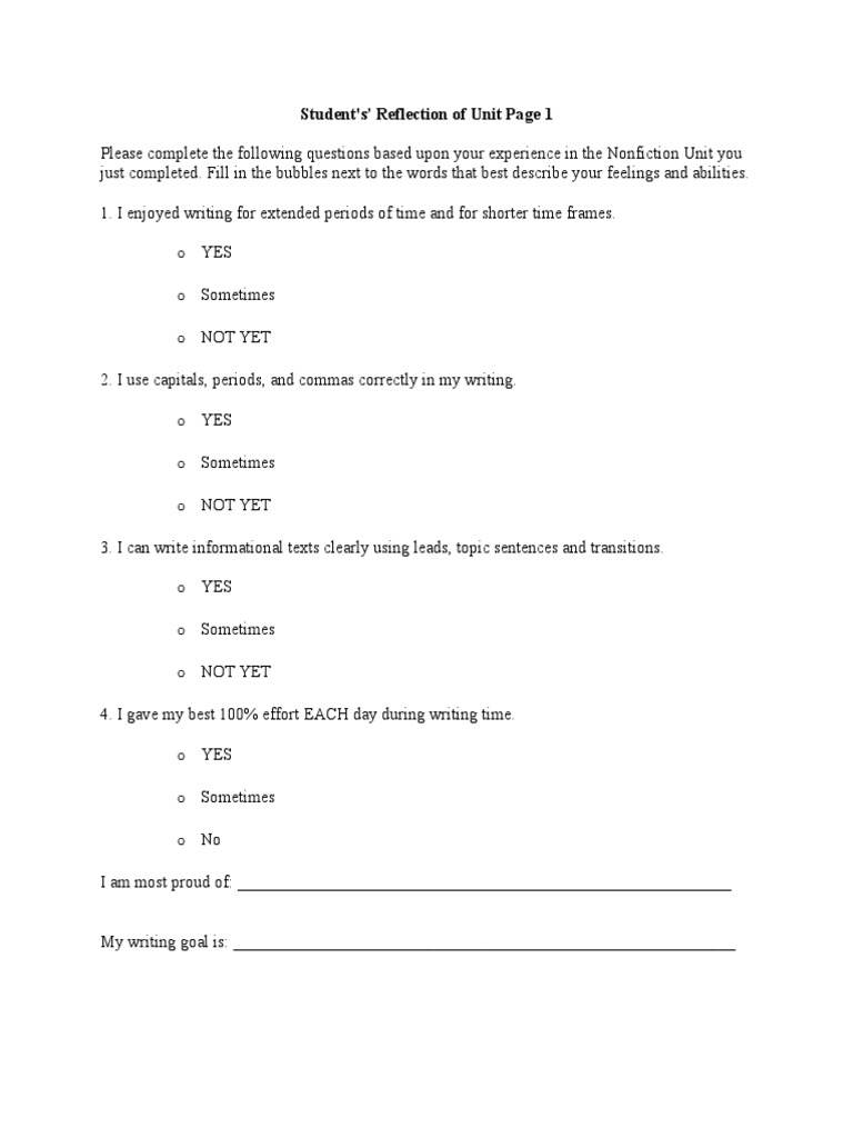 Nonfiction Unit Student Reflection | PDF | Career & Growth