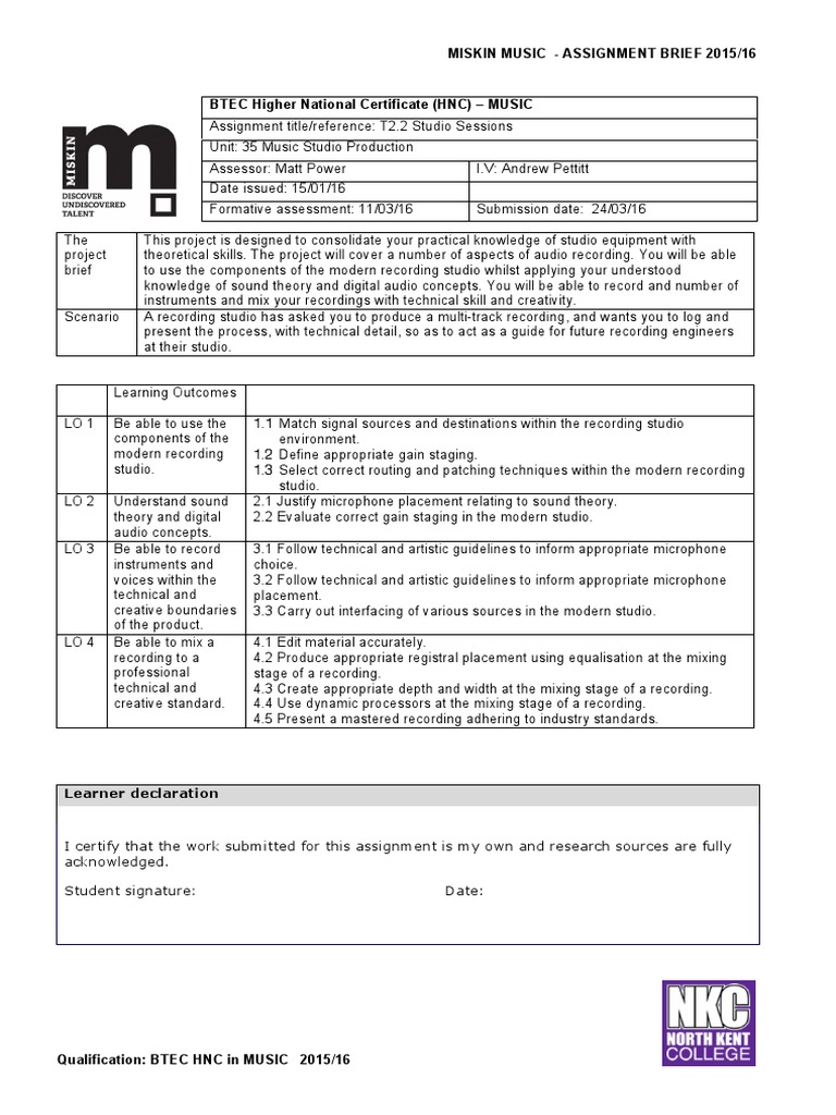 BTEC HNC Music Production Assignment | PDF | Microphone | Creativity