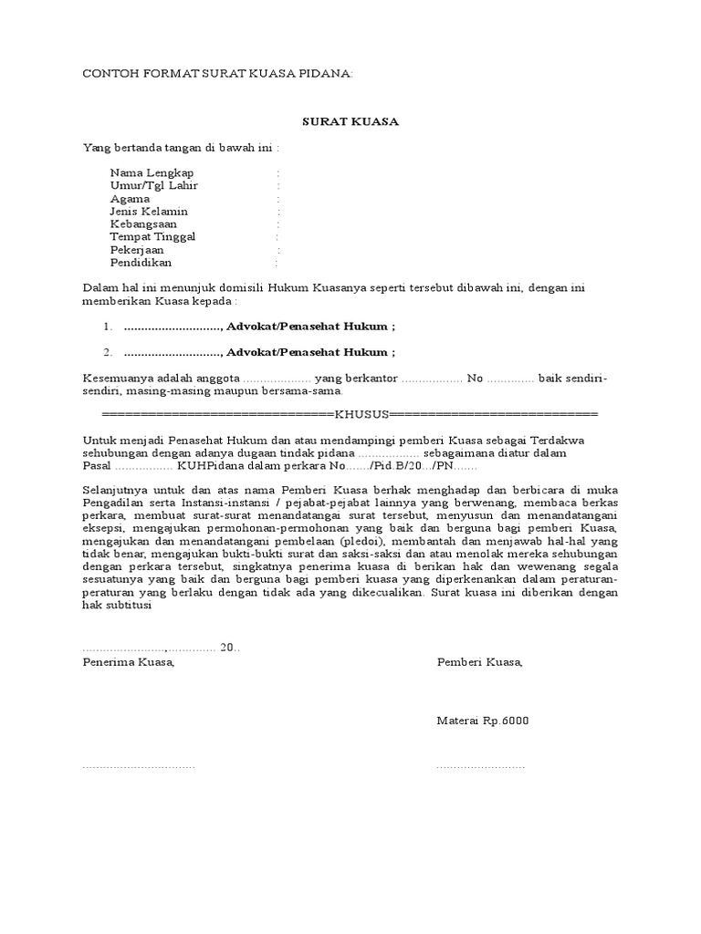 Contoh Format Surat Kuasa Pidana  PDF