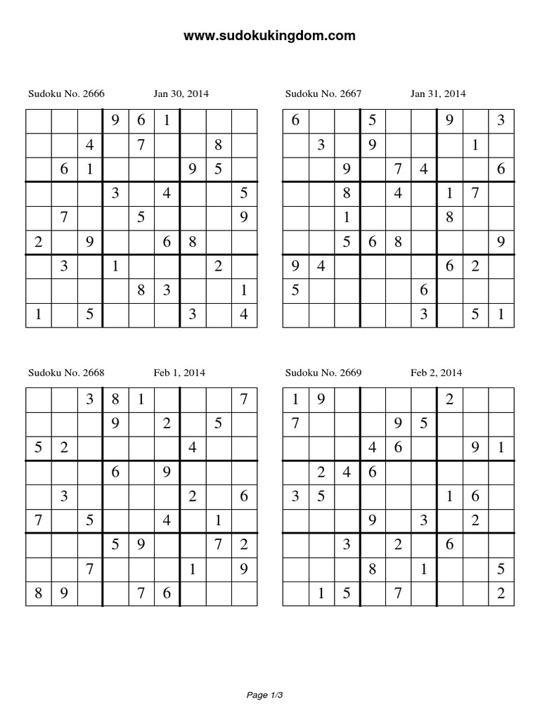 Free Printable Sudoku Puzzles PDF