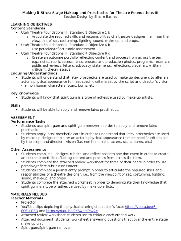 Tech Stage Makeup Lesson Plan Adhesive Educational Assessment